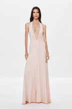 Dusty pink halter maxi cupro dress with deep V neckline and ruched bodice