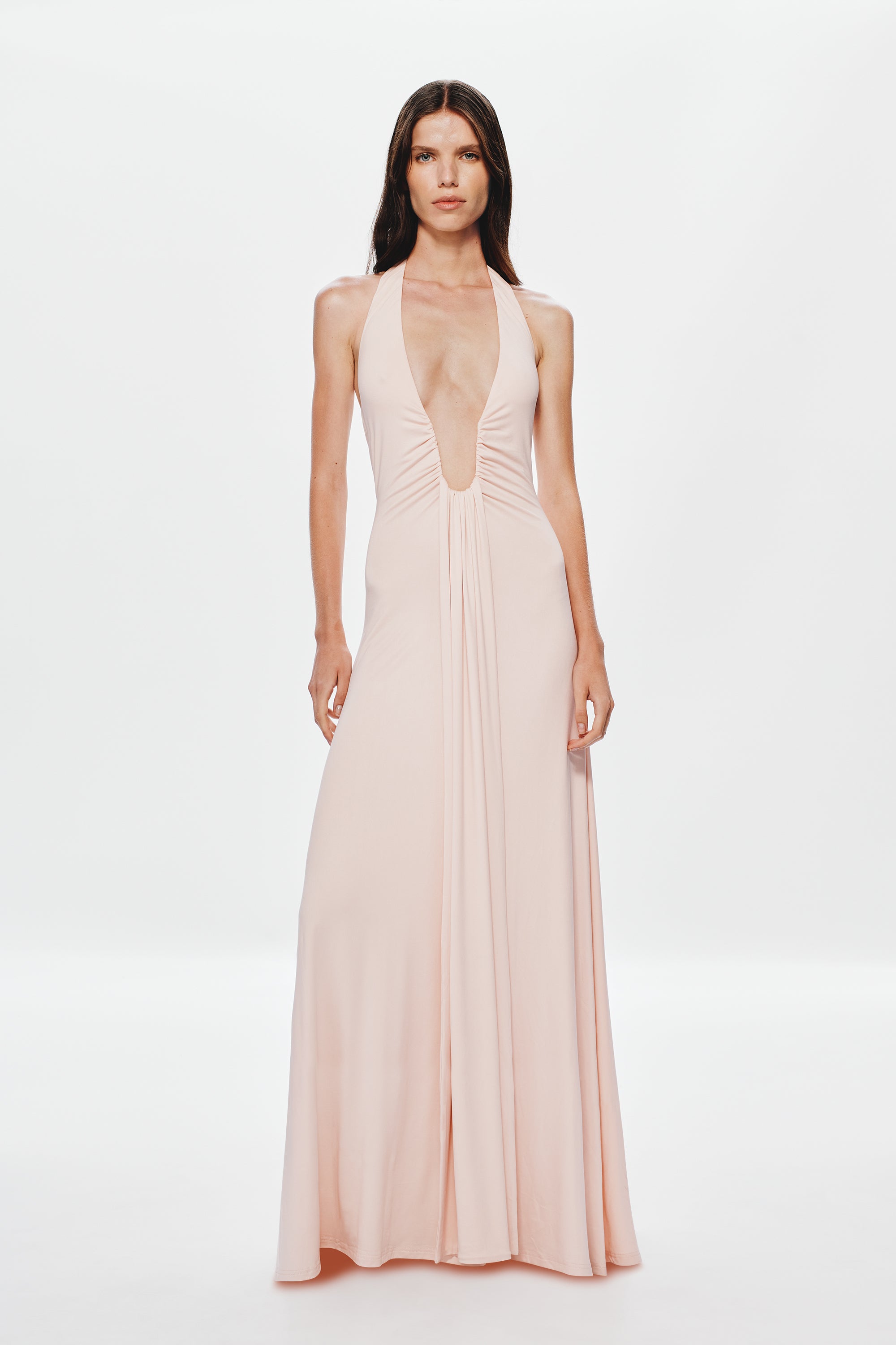 Dusty pink halter maxi cupro dress with deep V neckline and ruched bodice