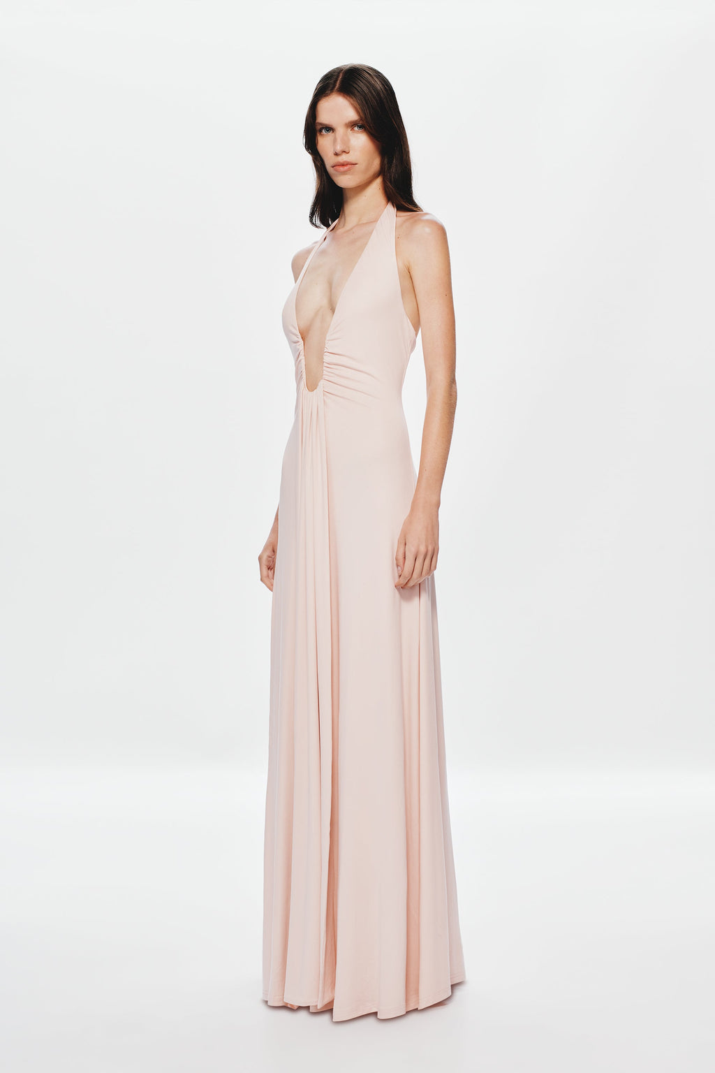 Dusty pink halter maxi cupro dress with ruched V front and flowing skirt