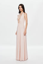 Dusty pink halter maxi cupro dress with ruched V front and flowing skirt