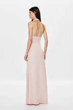 Dusty pink halter maxi cupro dress with open back and soft draped silhouette