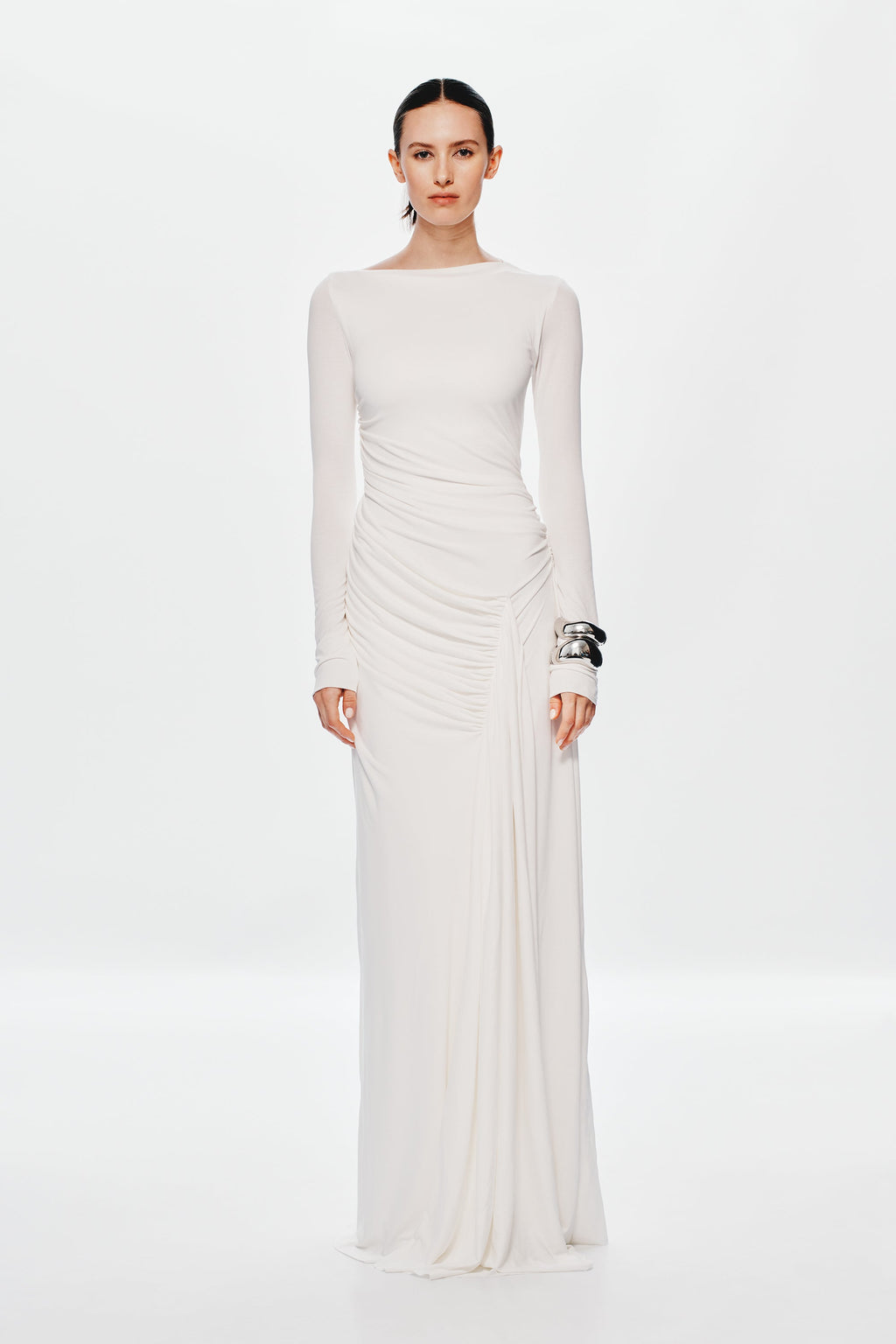 Ivory long-sleeve maxi dress with ruched bodice and draped side detail