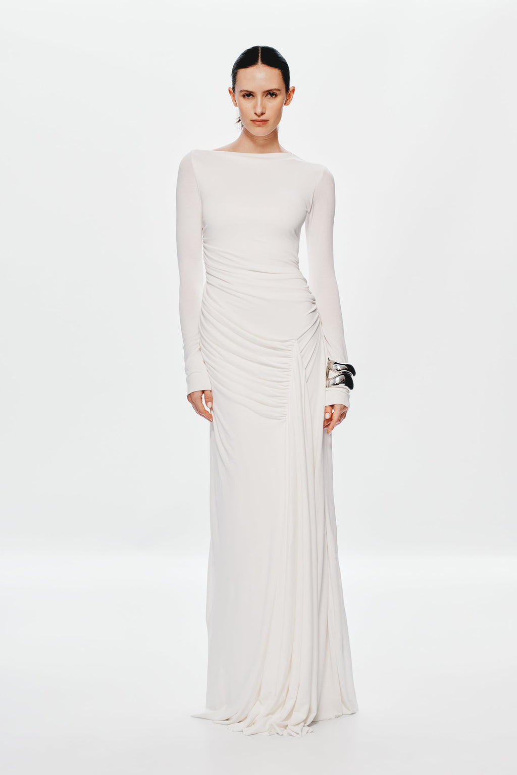 Ivory fitted long-sleeve maxi dress with gathered waist and draped front