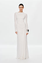 Ivory fitted long-sleeve maxi dress with gathered waist and draped front