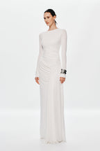 Ivory long-sleeve maxi dress with ruched waist and draped side detail