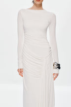 Ivory long-sleeve maxi dress with ruched front wrap-style drape and gathered seams