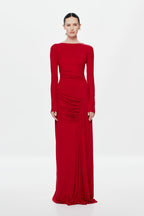 Cherry red long-sleeve maxi dress with ruched side drape