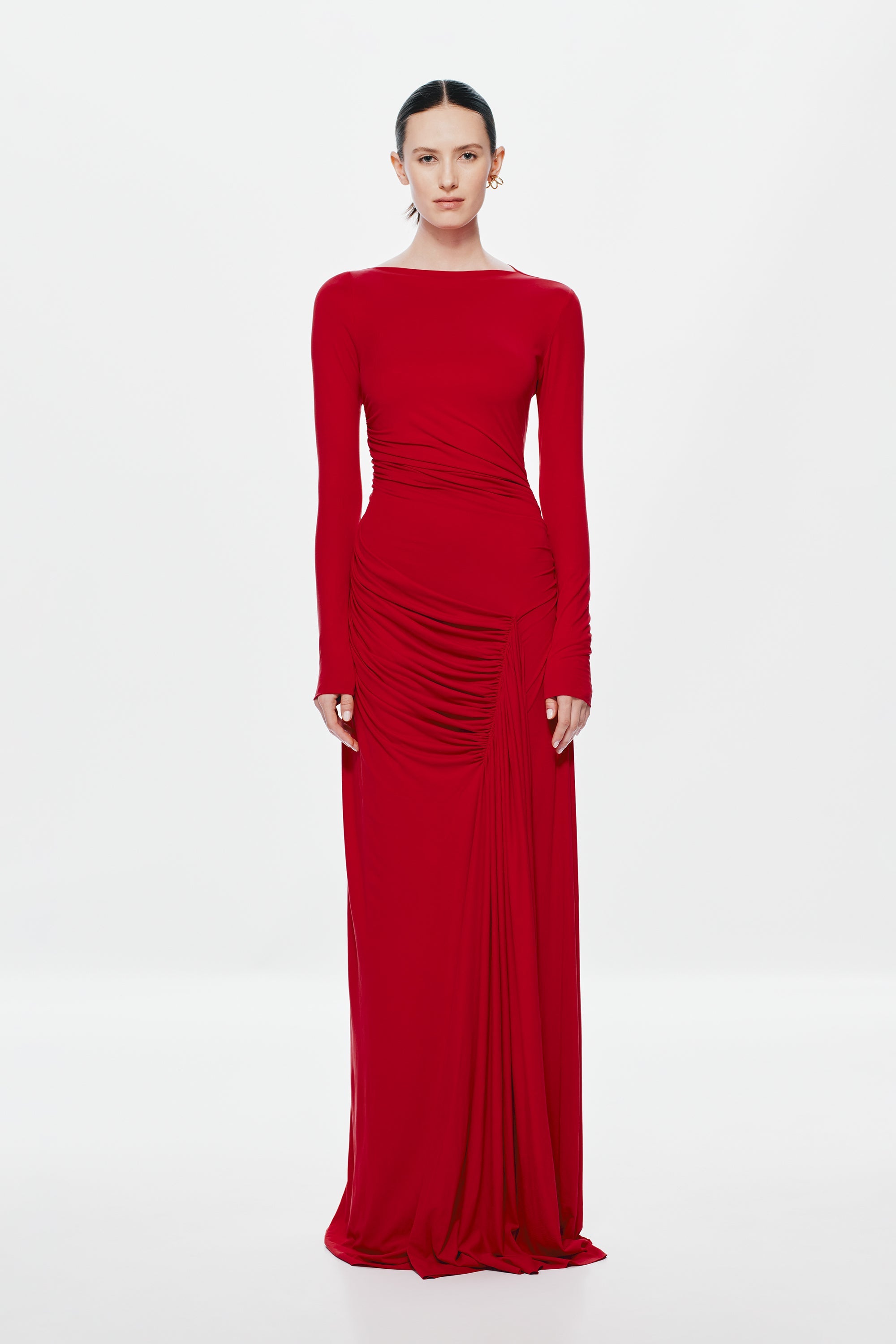 Cherry red long-sleeve maxi dress with ruched side drape