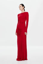 Cherry red long-sleeve maxi dress with ruched waist and side gathers