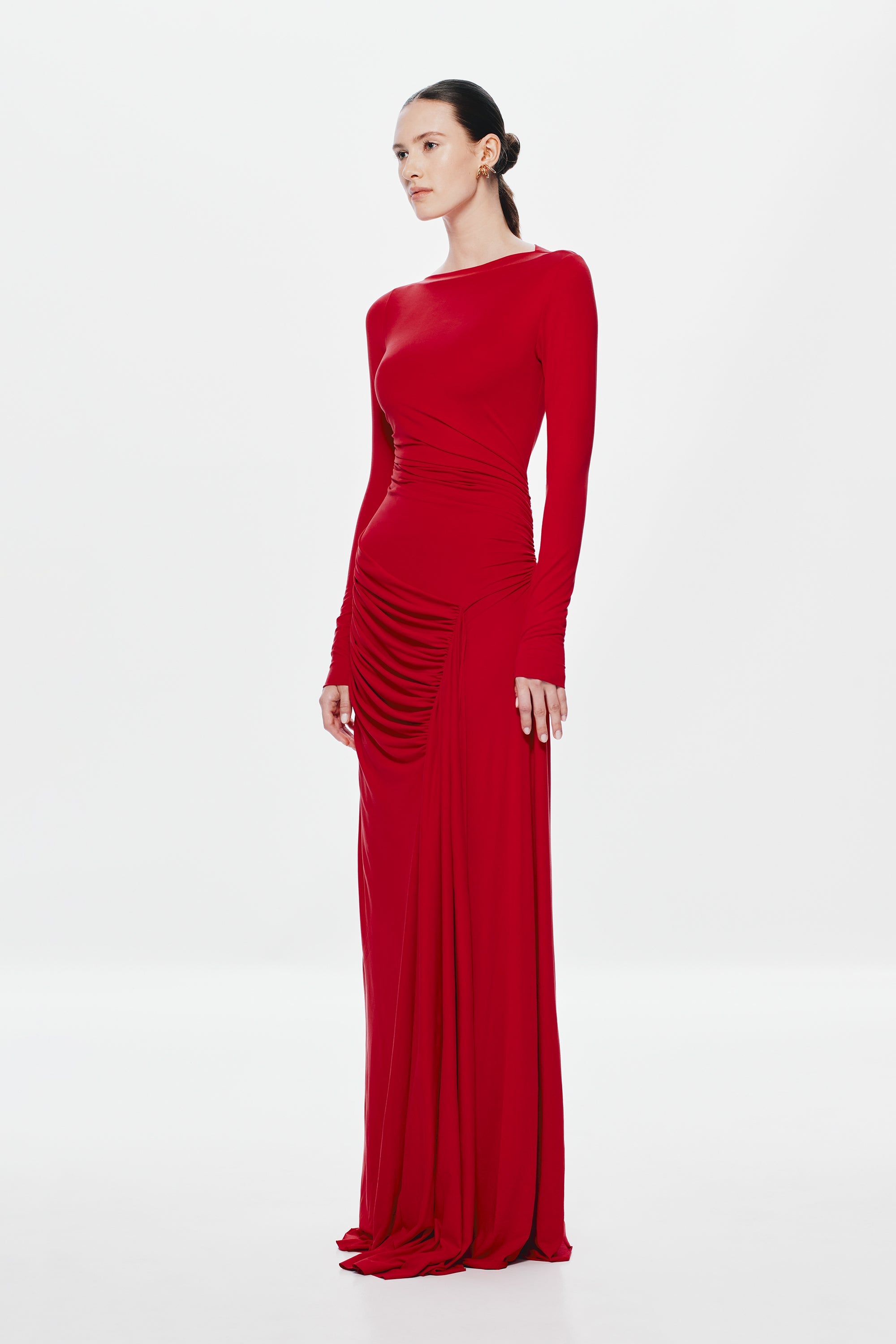 Cherry red long-sleeve maxi dress with ruched waist and side gathers