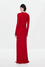 Cherry red long-sleeve maxi dress, draped ruched back