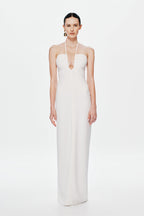 Ivory sleeveless V-neck maxi suiting dress, front view