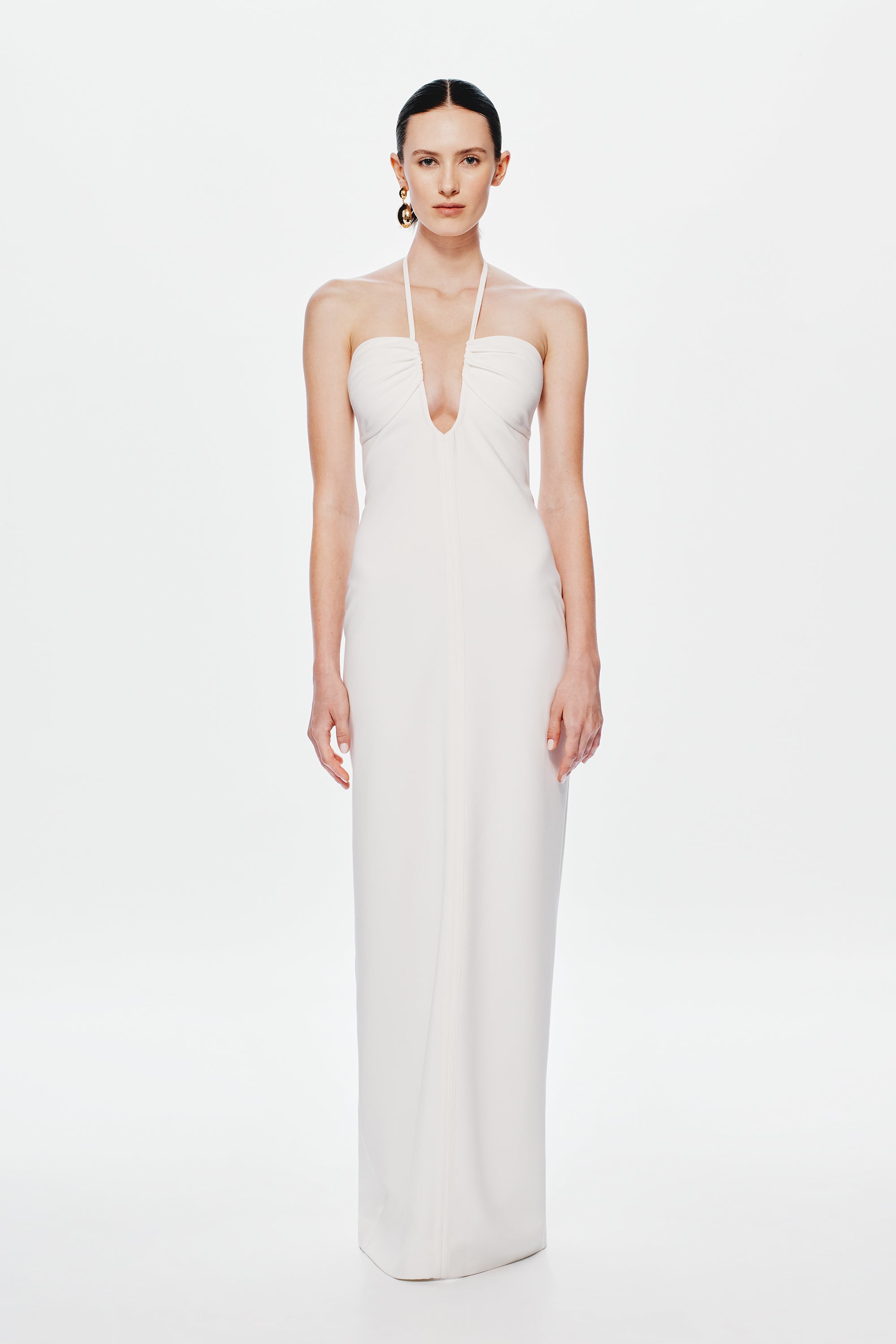Ivory sleeveless V-neck maxi suiting dress, front view