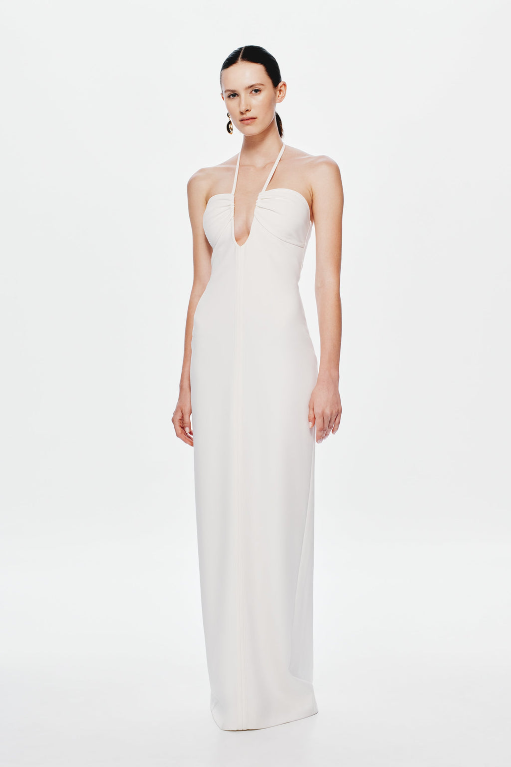 Ivory sleeveless V-neck maxi suiting dress, fitted silhouette