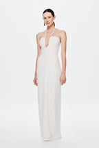 Ivory sleeveless V-neck maxi suiting dress, fitted silhouette
