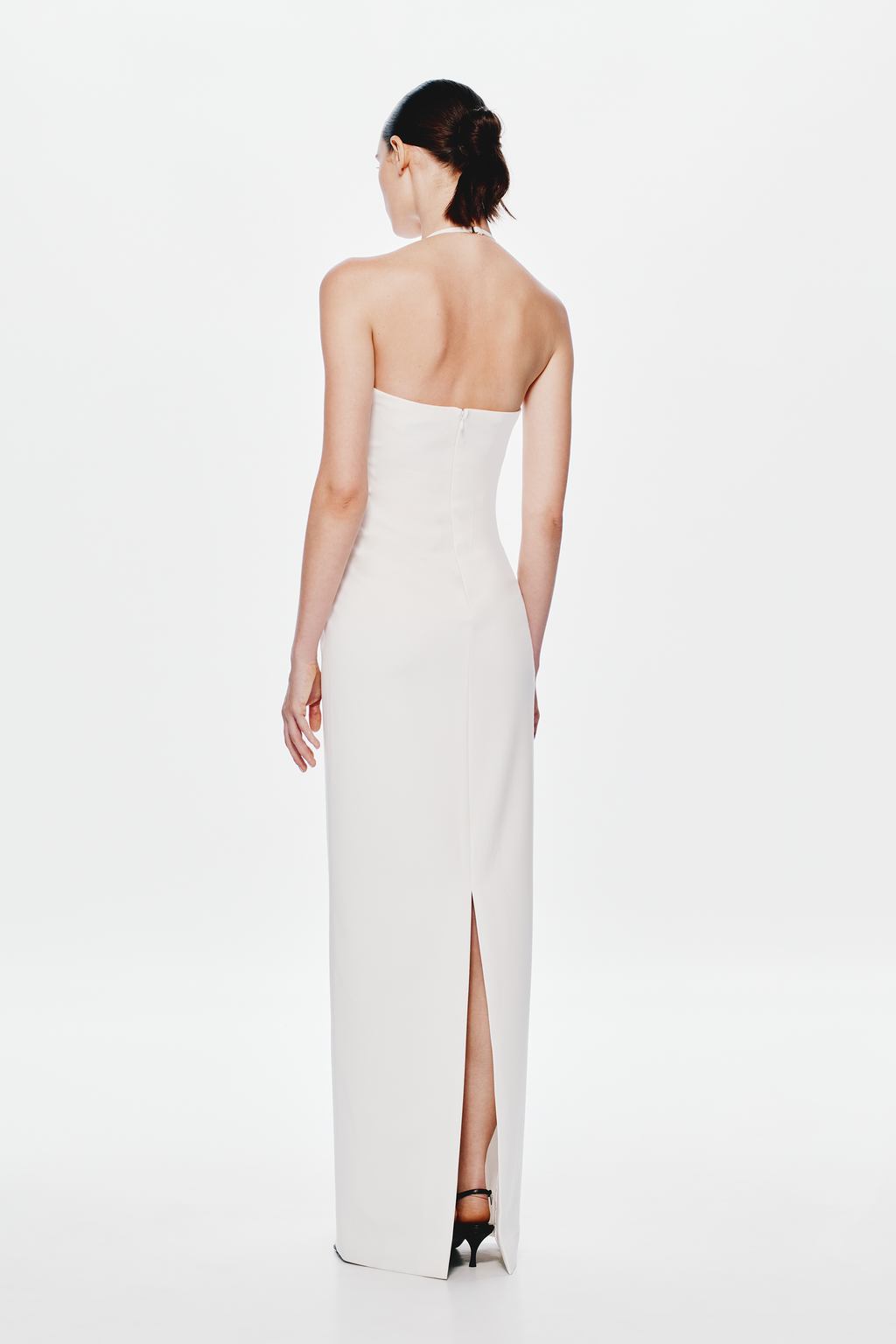 Ivory sleeveless V-back maxi suiting dress with thigh slit