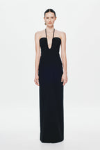 Black halter maxi dress with keyhole neckline and fitted column shape