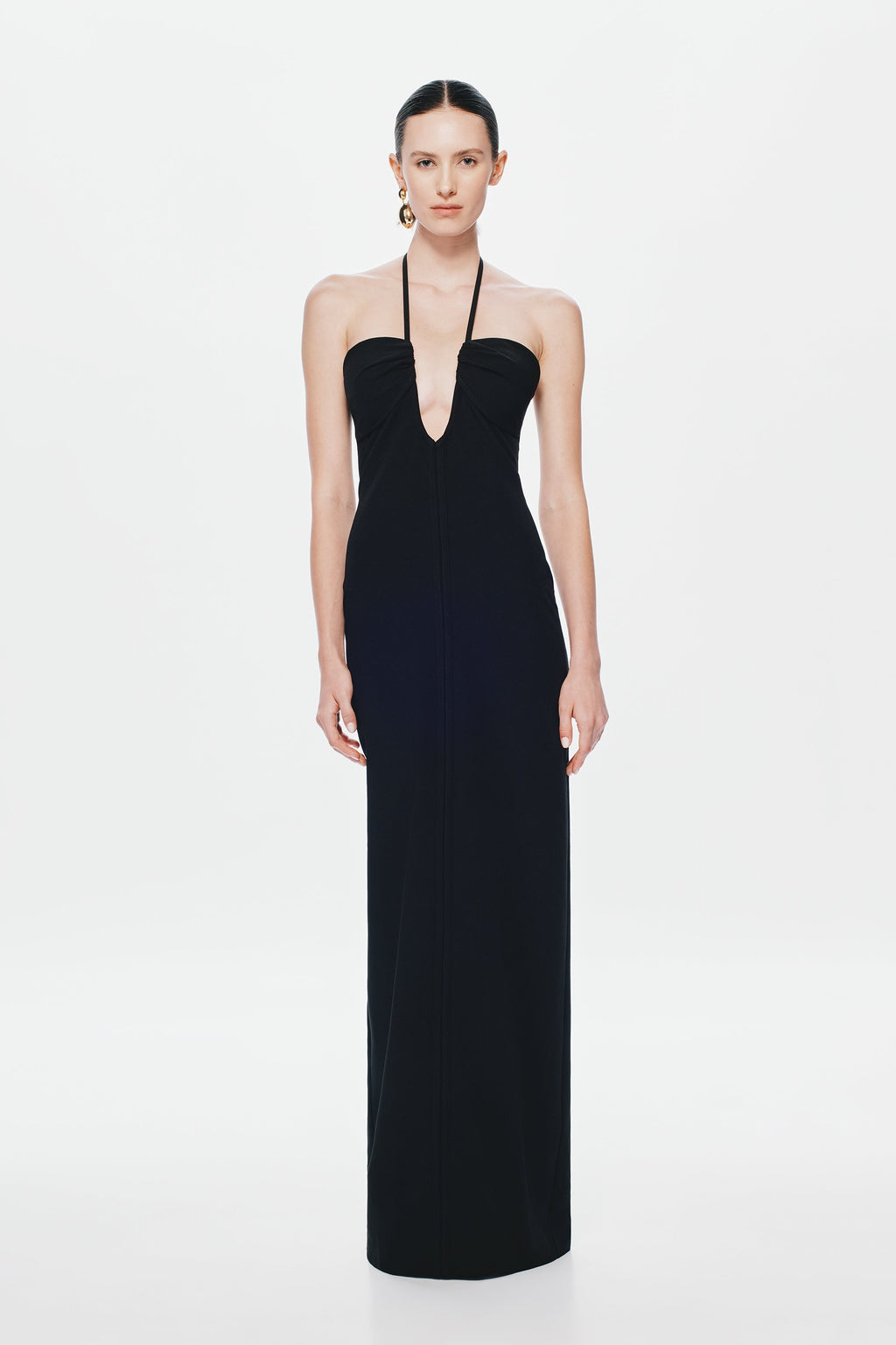 Black halter maxi dress with sweetheart bust, fitted bodice, and long column skirt