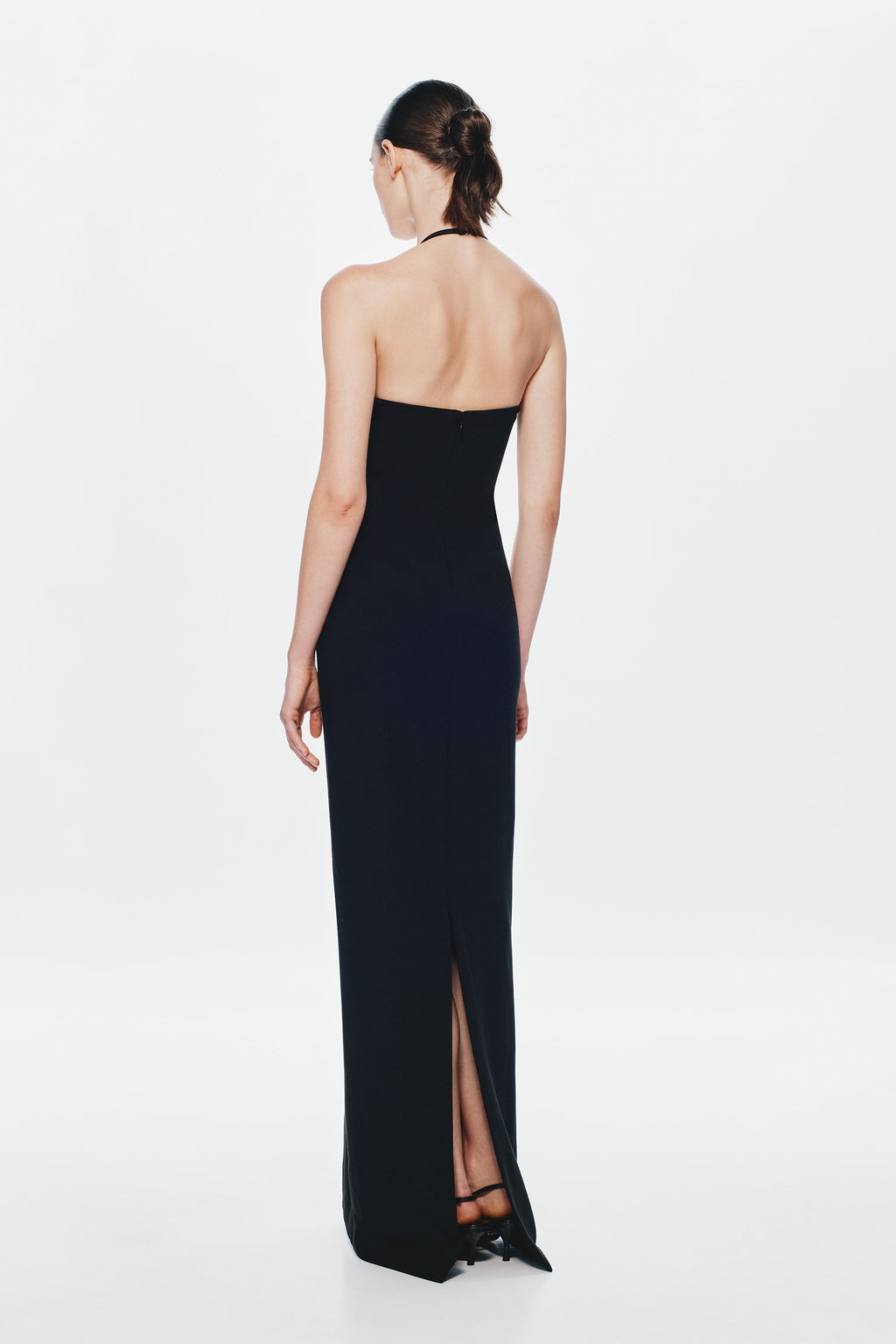 Black sleeveless halter maxi dress, open back with V back and back slit