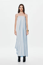 Light blue strapless maxi jersey dress with vertical pleats and draped skirt