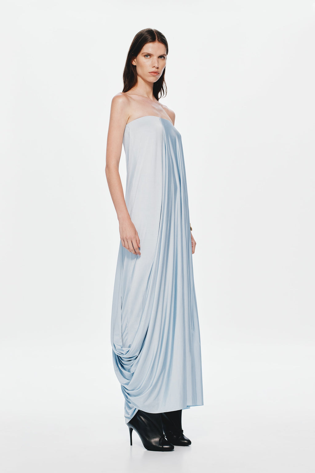 Light blue strapless maxi jersey dress with ruched drape and flowing long skirt
