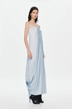 Light blue strapless maxi jersey dress with ruched drape and flowing long skirt