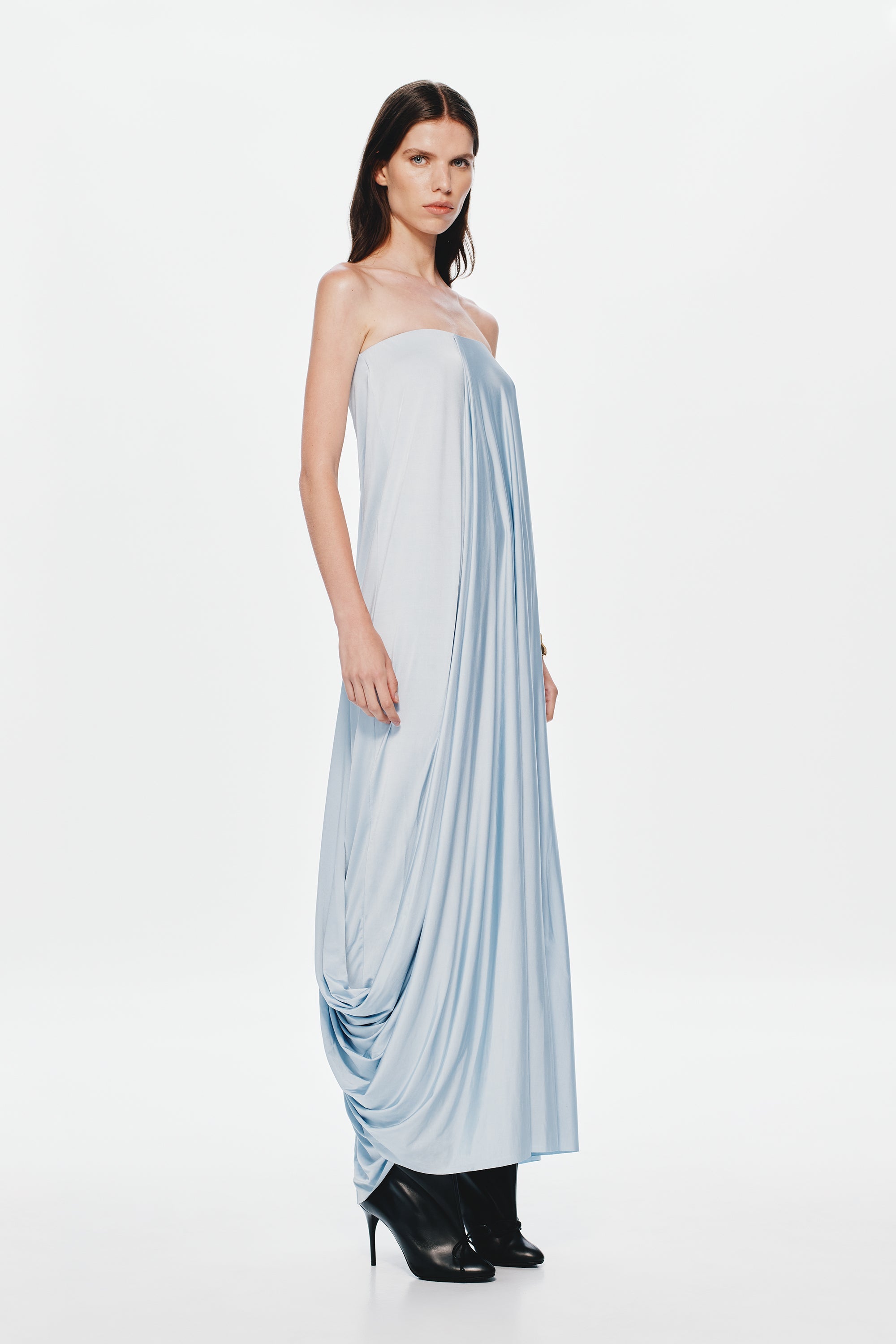 Light blue strapless maxi jersey dress with ruched drape and flowing long skirt