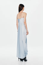 Back view: light blue strapless maxi jersey dress with draped back panel