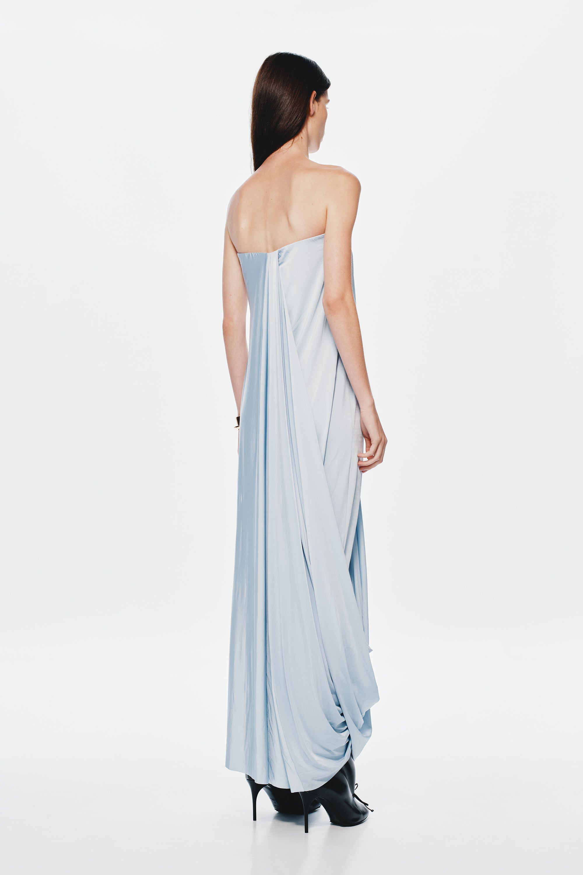 Back view: light blue strapless maxi jersey dress with draped back panel