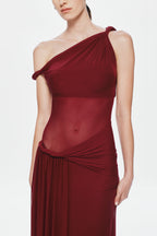 Maroon one-shoulder mesh bodice with diagonal draping and ruched waist ties