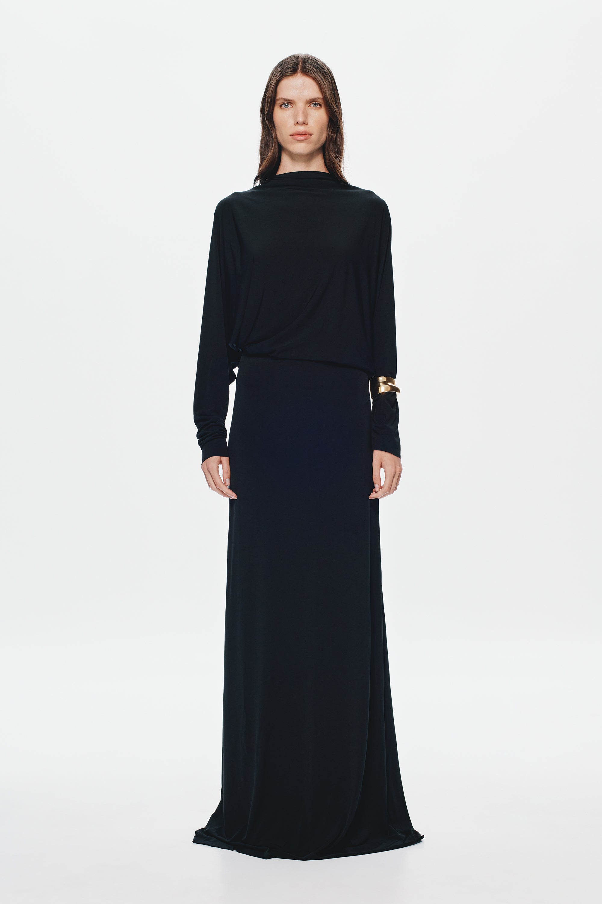 Black jersey maxi dress with long sleeves, high neck, waist belt