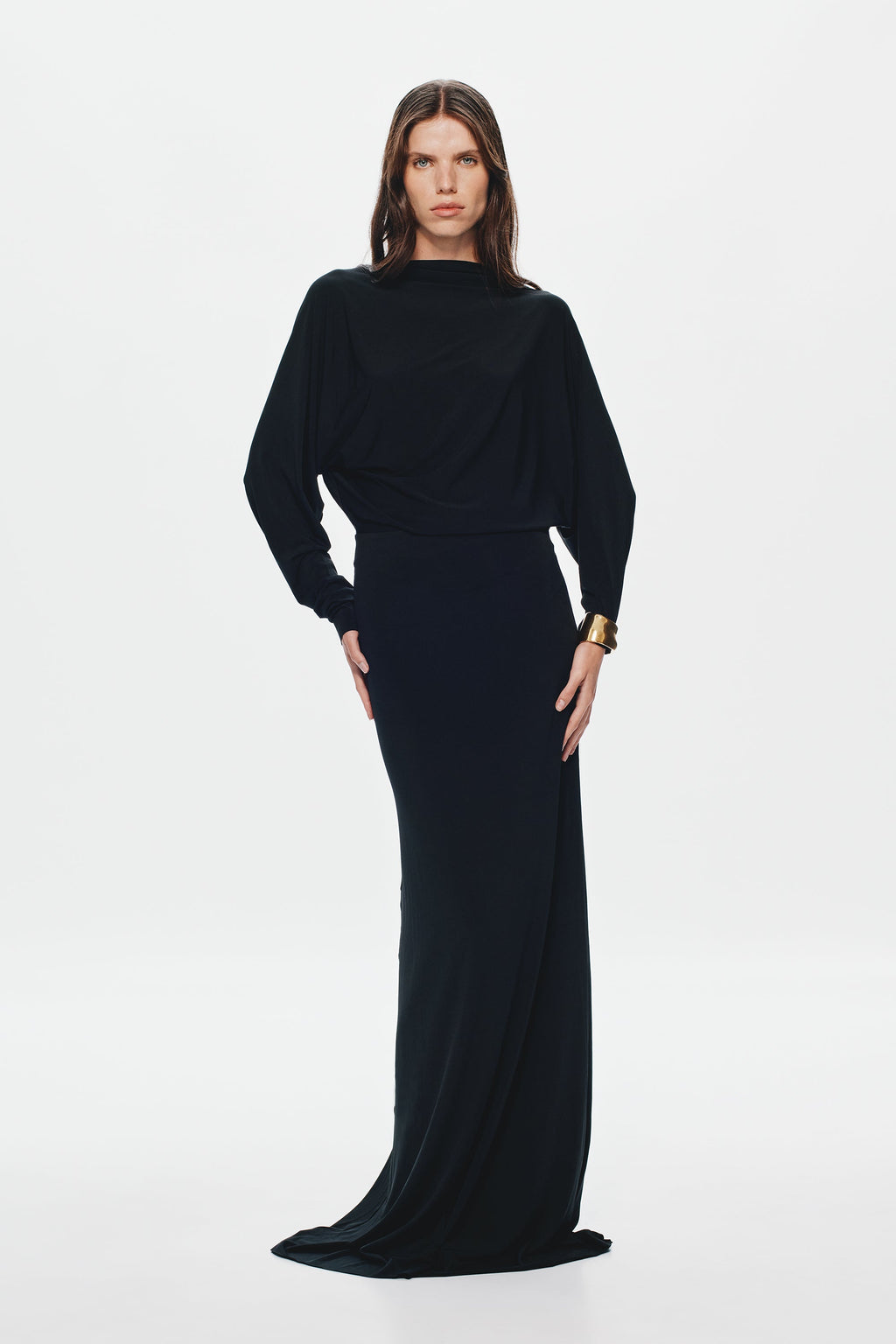 Black jersey maxi dress with draped back and long sleeves