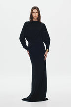 Black jersey maxi dress with draped back and long sleeves