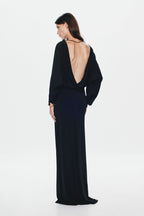 Black jersey maxi dress with open back V and long sleeves
