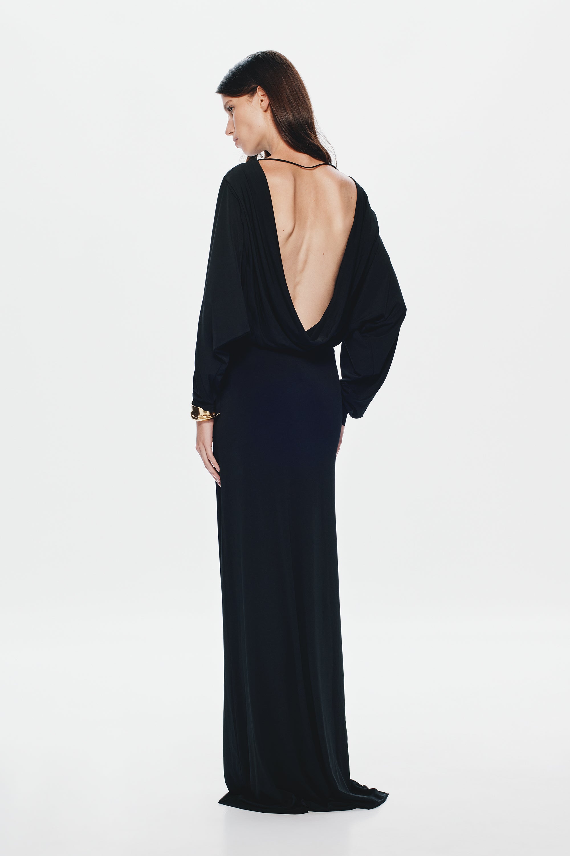 Black jersey maxi dress with open back V and long sleeves