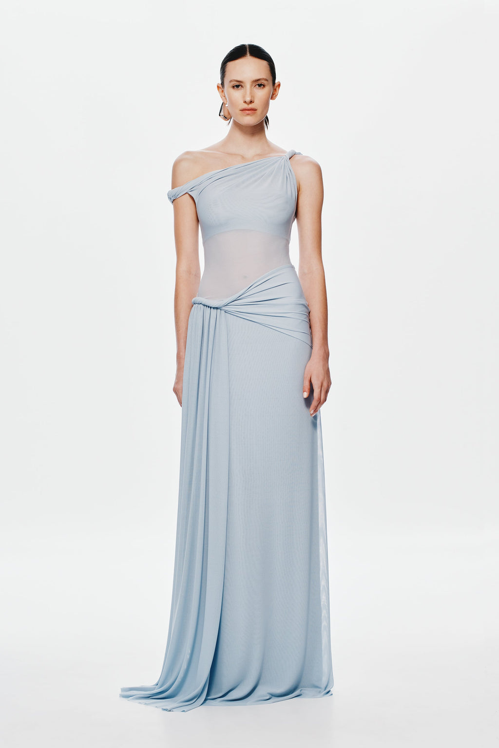 Light blue mesh maxi dress with one-shoulder strap and gathered waist tie detail