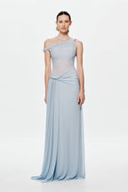Light blue mesh maxi dress with one-shoulder strap and gathered waist tie detail