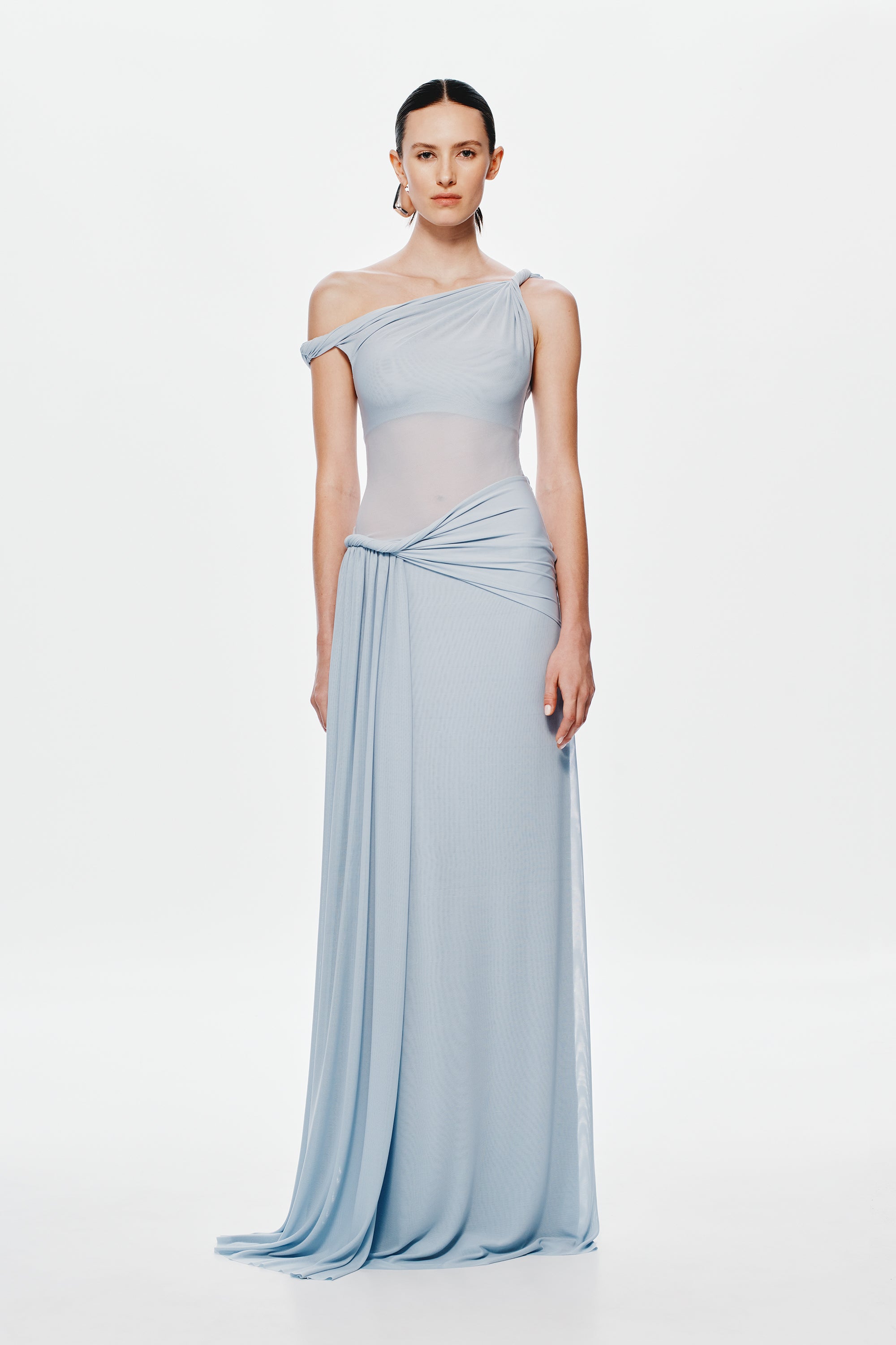 Light blue mesh maxi dress with one-shoulder strap and gathered waist tie detail