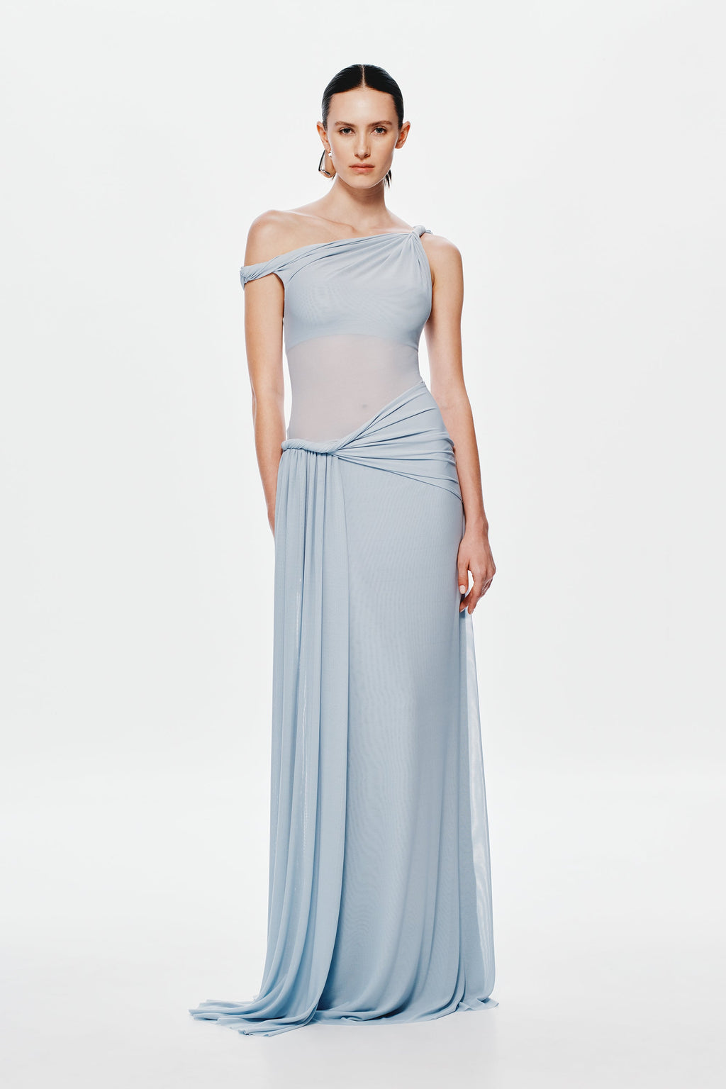 Light blue mesh maxi dress with off-shoulder neckline and diagonal gathered waist