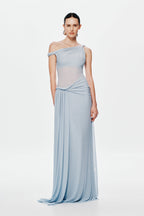 Light blue mesh maxi dress with off-shoulder neckline and diagonal gathered waist