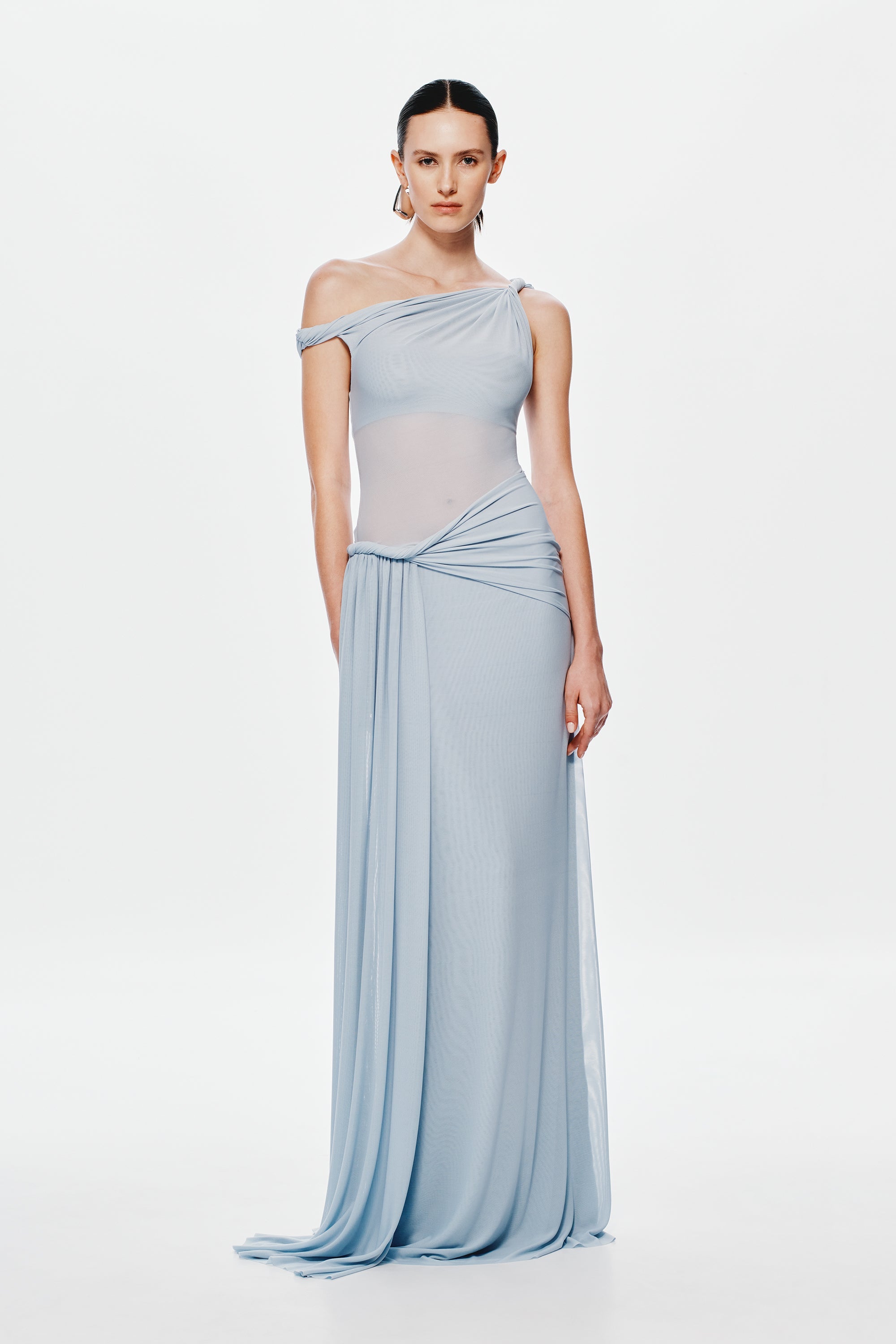 Light blue mesh maxi dress with off-shoulder neckline and diagonal gathered waist