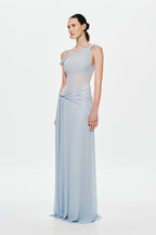 Light blue mesh maxi dress with draped one-shoulder strap and gathered side waist