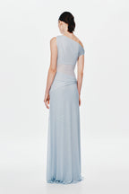 Light blue mesh maxi dress with draped back and gathered waist seam detail