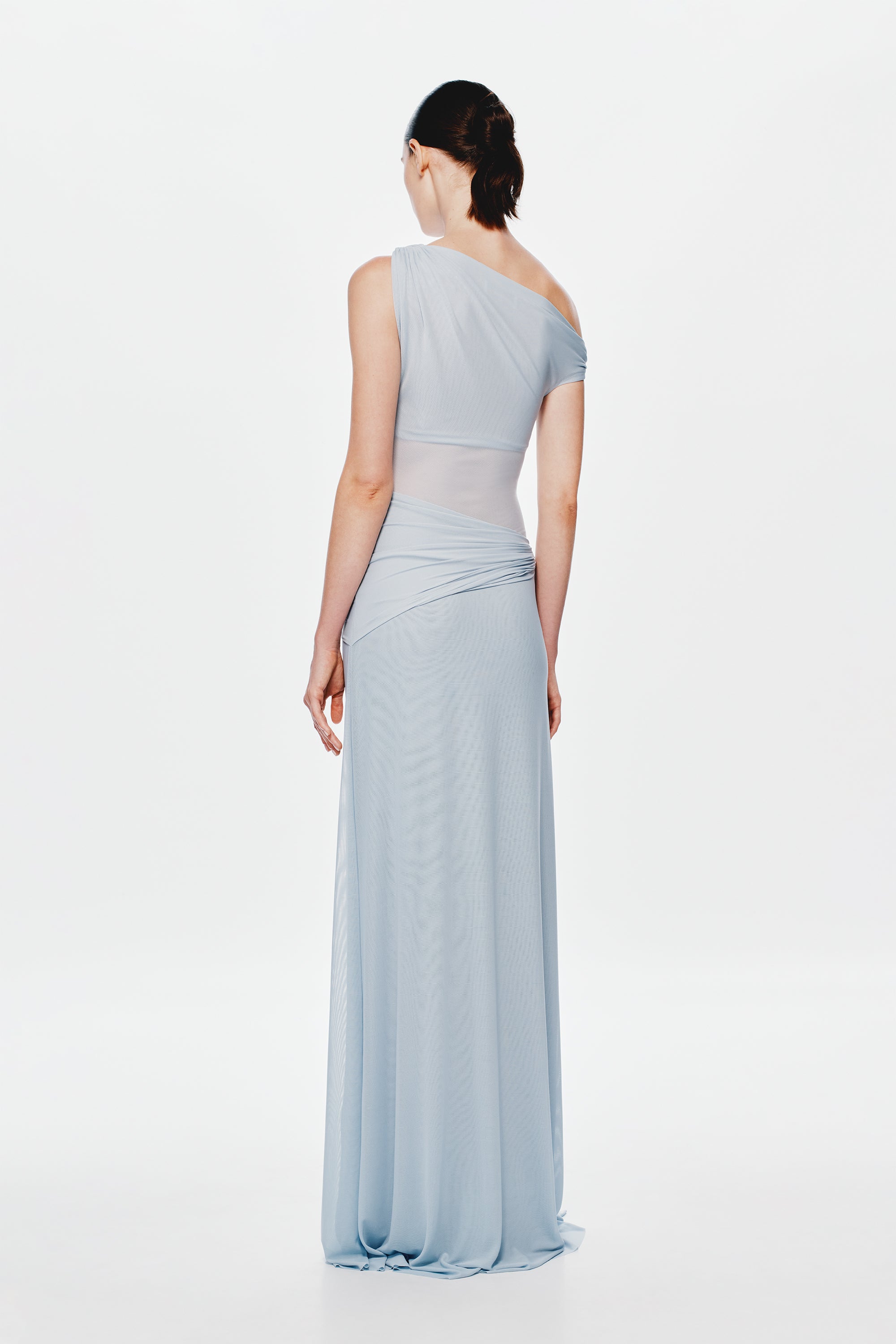 Light blue mesh maxi dress with draped back and gathered waist seam detail
