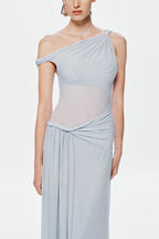 Light blue mesh dress close-up: asymmetrical neckline with gathered waist side ties