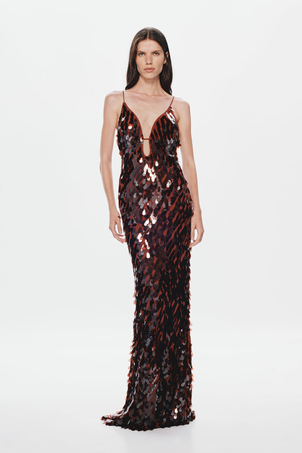 Dark sequin evening dress with V neckline and spaghetti straps, long column silhouette
