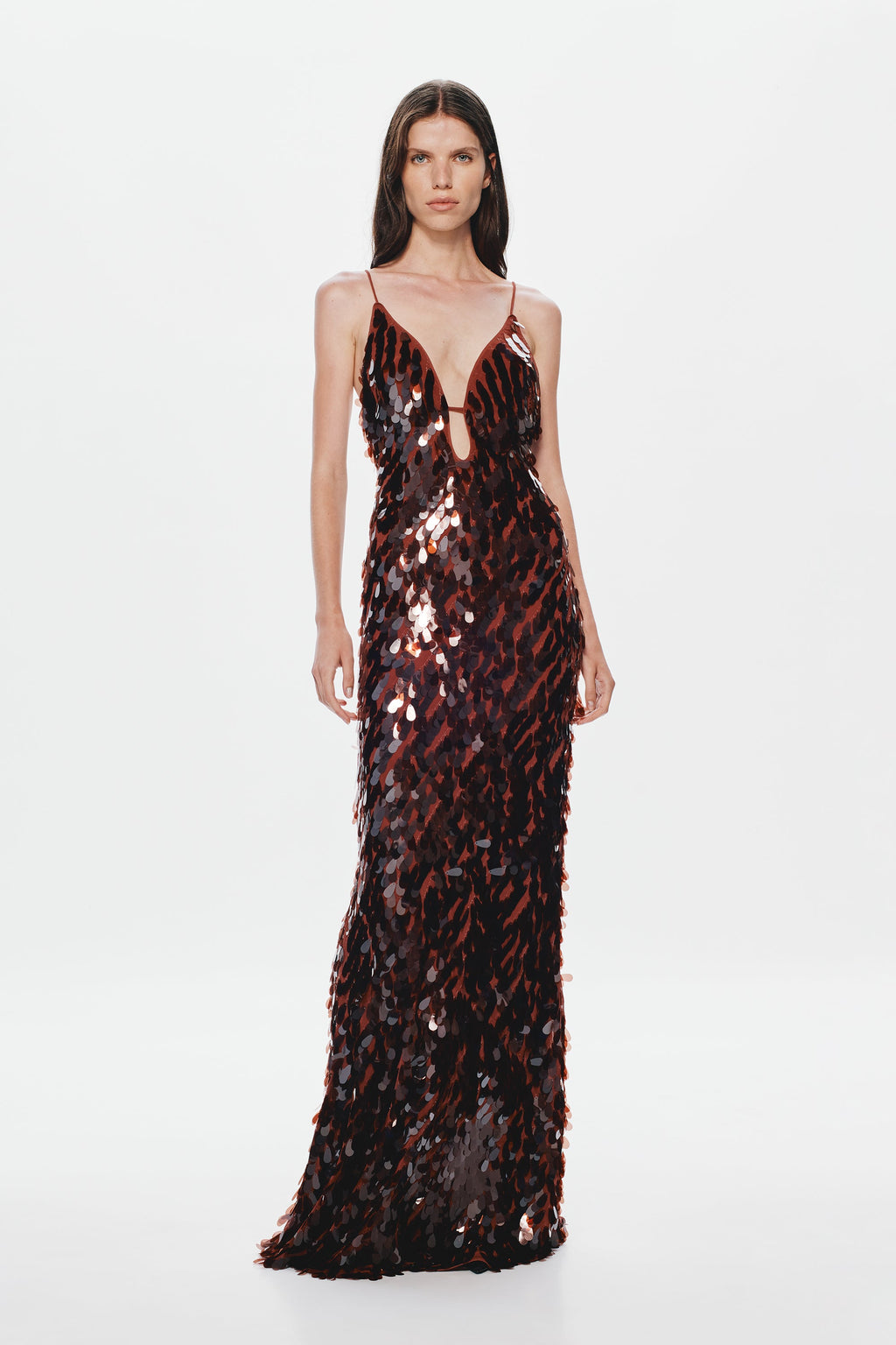 Front view dark sequin maxi dress with V neckline and spaghetti straps