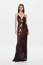 Front view dark sequin maxi dress with V neckline and spaghetti straps