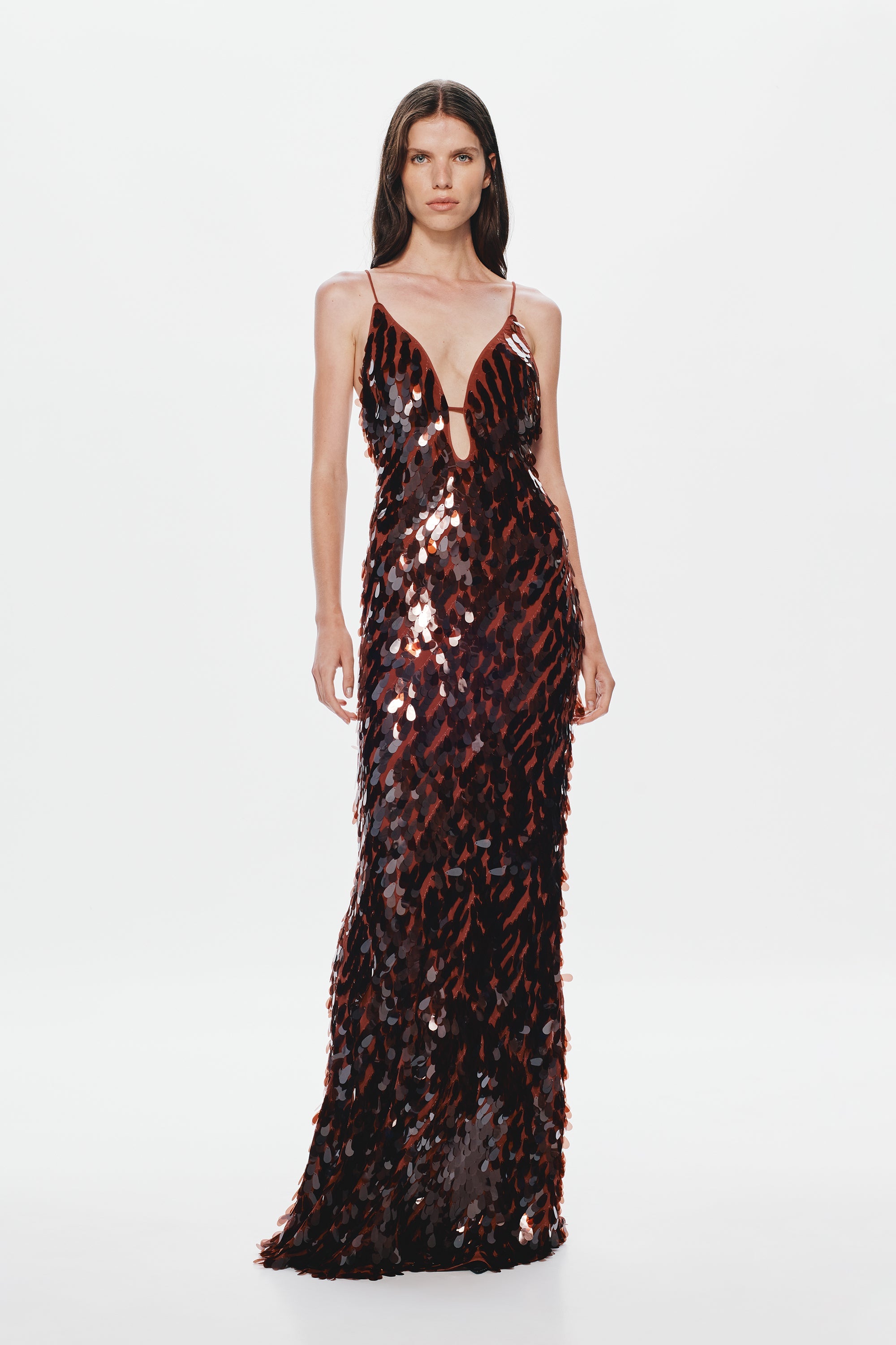 Front view dark sequin maxi dress with V neckline and spaghetti straps