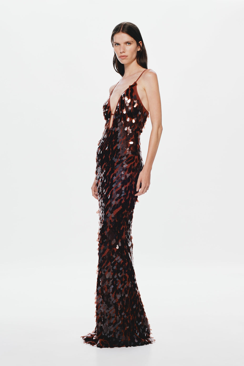 Dark sequin maxi dress with thin spaghetti straps, V neckline, fitted column